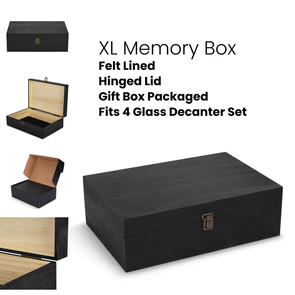 XL pine memory box holding a whiskey decanter set as a presentation upgrade — custom engraved keepsake box by Solano Laser Craft