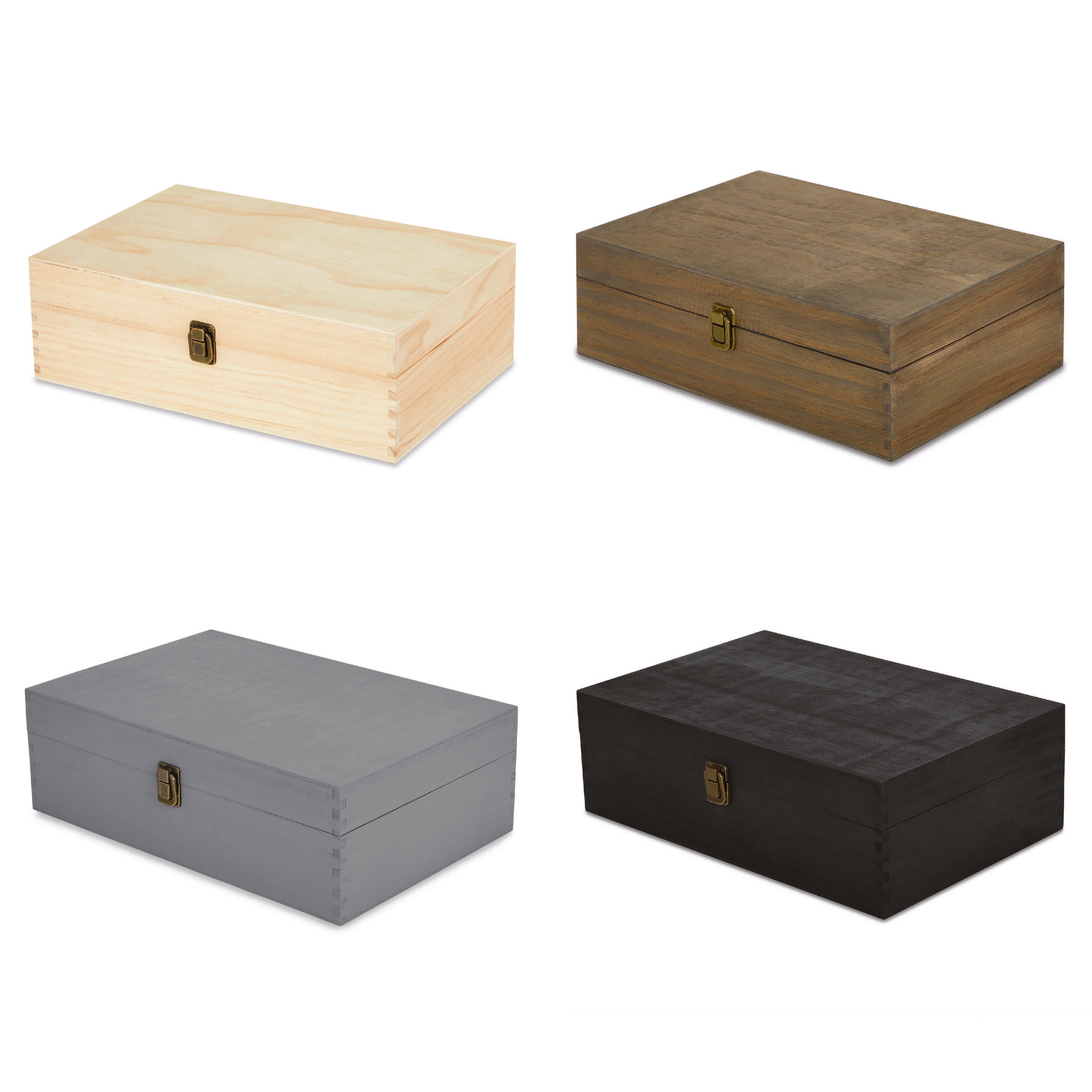 XL rectangular pine memory box with a hinged lid and front clasp in four finishes — custom engraved keepsake box by Solano Laser Craft
