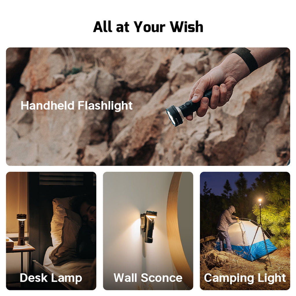 Prowess used as a handheld flashlight, desk lamp, wall sconce and camping light