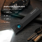 Olight ArkPro flat EDC flashlight in Matte Black: 1,500 lumens, 205 m beam, 1,200 mW UV and green laser
