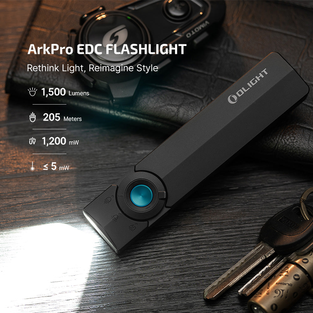 Olight ArkPro flat EDC flashlight in Matte Black: 1,500 lumens, 205 m beam, 1,200 mW UV and green laser