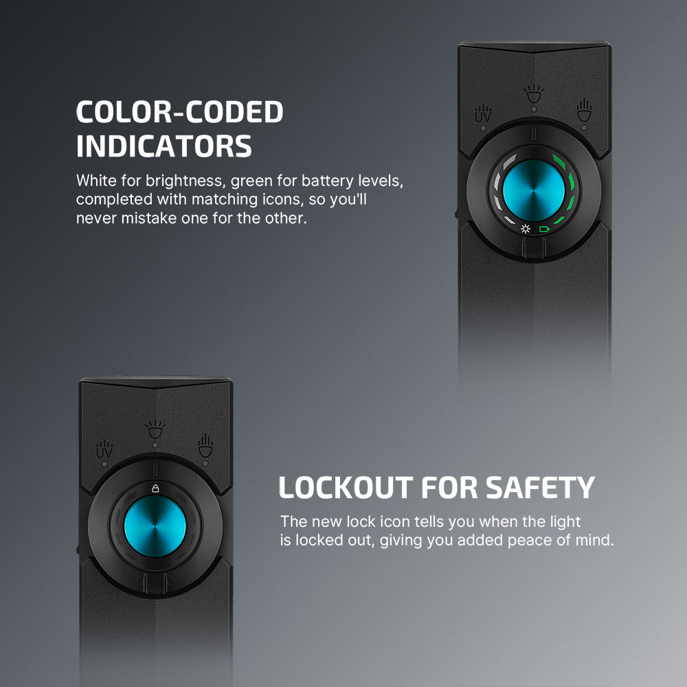 ArkPro color-coded brightness and battery indicators with lockout icon