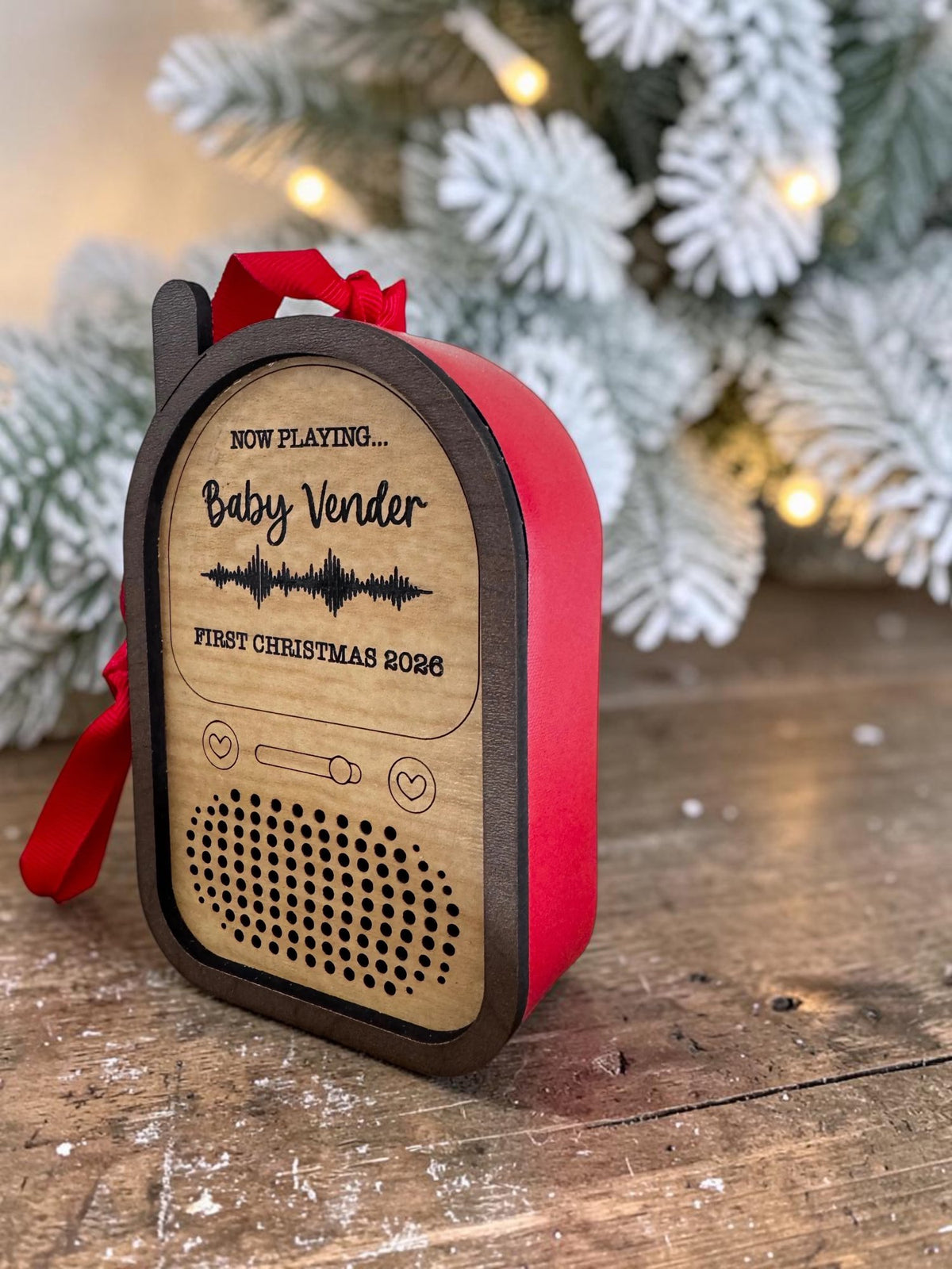 Baby Monitor ornament wrapped in Ruby leatherette, engraved for a baby's first Christmas