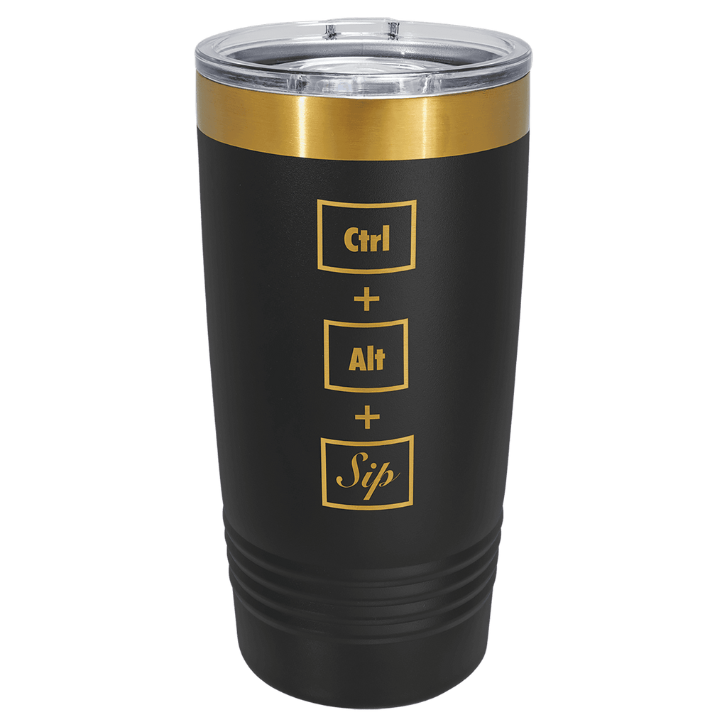Black 20 oz. ringneck tumbler with a bright gold ion-plated base and clear slider lid