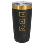 Black 20 oz. ringneck tumbler with a bright gold ion-plated base and clear slider lid