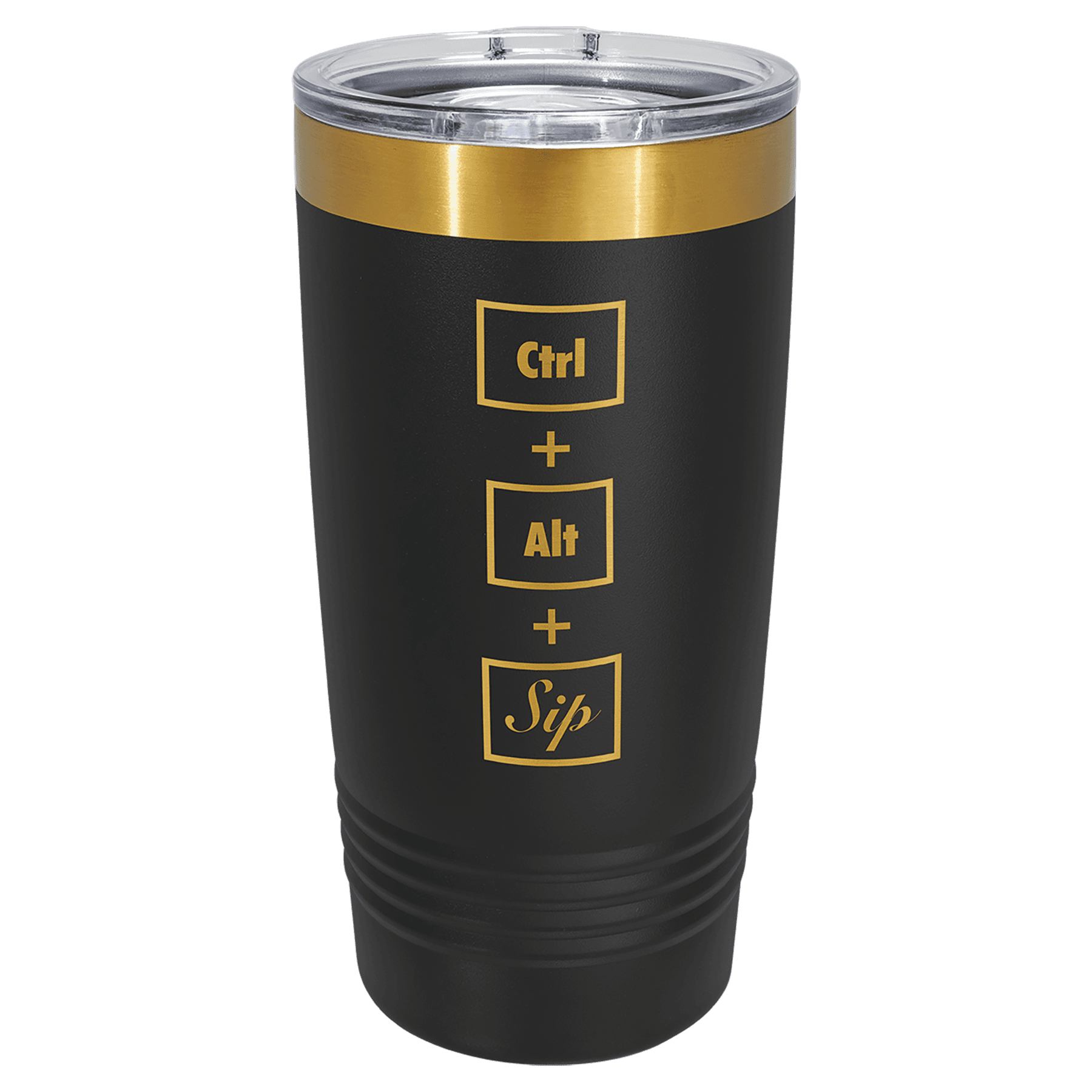 Black 20 oz. ringneck tumbler with a bright gold ion-plated base and clear slider lid