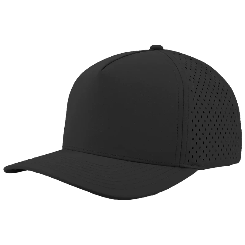 Zapped Blackhawk five-panel perforated performance cap shown from the side — custom patch work hat