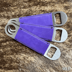 Three stainless steel bar bottle openers wrapped in Violet purple Premium Leatherette, fanned out to show the wrap and the opener end.