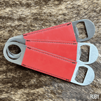 Three stainless steel bar bottle openers wrapped in Ruby red Premium Leatherette, fanned out to show the wrap and the opener end.