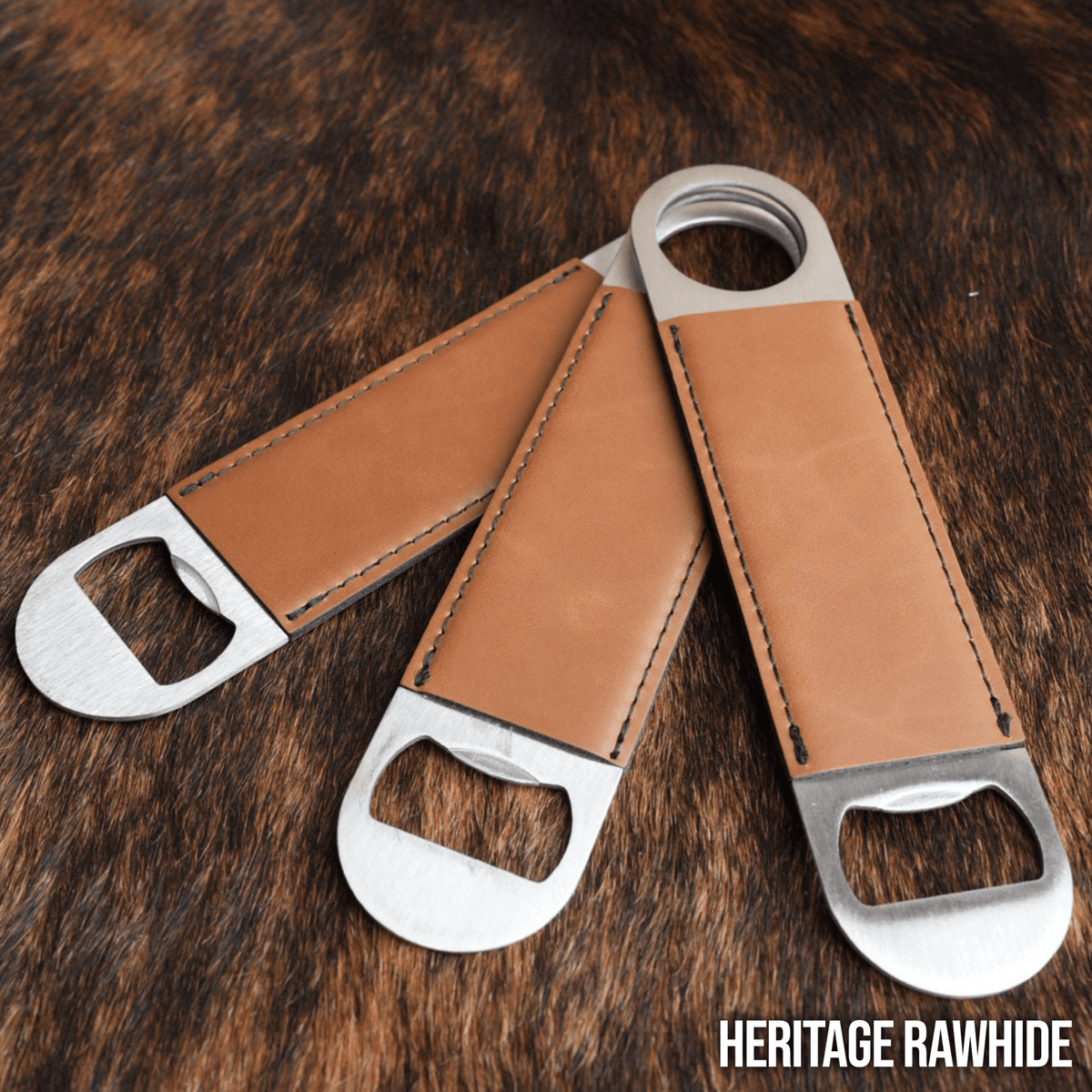 Three stainless steel bar bottle openers wrapped in Rawhide tan Premium Leatherette, fanned out to show the wrap and the opener end.