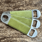 Three stainless steel bar bottle openers wrapped in Olive green Premium Leatherette, fanned out to show the wrap and the opener end.