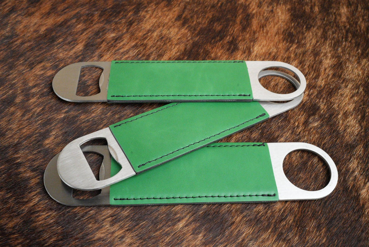 Three stainless steel bar bottle openers wrapped in Kelly Green Premium Leatherette, fanned out to show the wrap and the opener end.