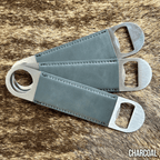 Three stainless steel bar bottle openers wrapped in Charcoal grey Premium Leatherette, fanned out to show the wrap and the opener end.