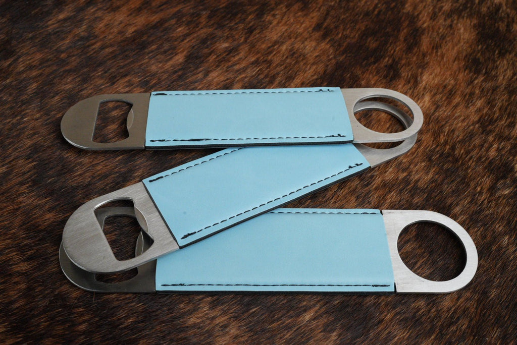 Three stainless steel bar bottle openers wrapped in Sky Blue Premium Leatherette, fanned out to show the wrap and the opener end.