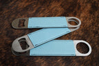 Three stainless steel bar bottle openers wrapped in Sky Blue Premium Leatherette, fanned out to show the wrap and the opener end.