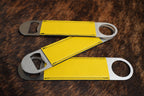 Three stainless steel bar bottle openers wrapped in Yellow Premium Leatherette, fanned out to show the wrap and the opener end.