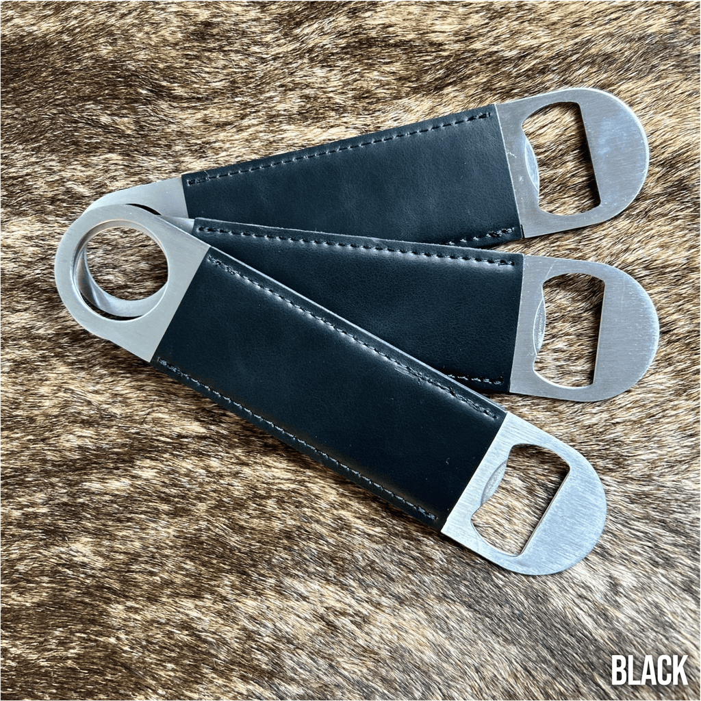 Three stainless steel bar bottle openers wrapped in Black Premium Leatherette, fanned out to show the wrap and the opener end.