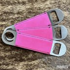 Three stainless steel bar bottle openers wrapped in Primrose pink Premium Leatherette, fanned out to show the wrap and the opener end.