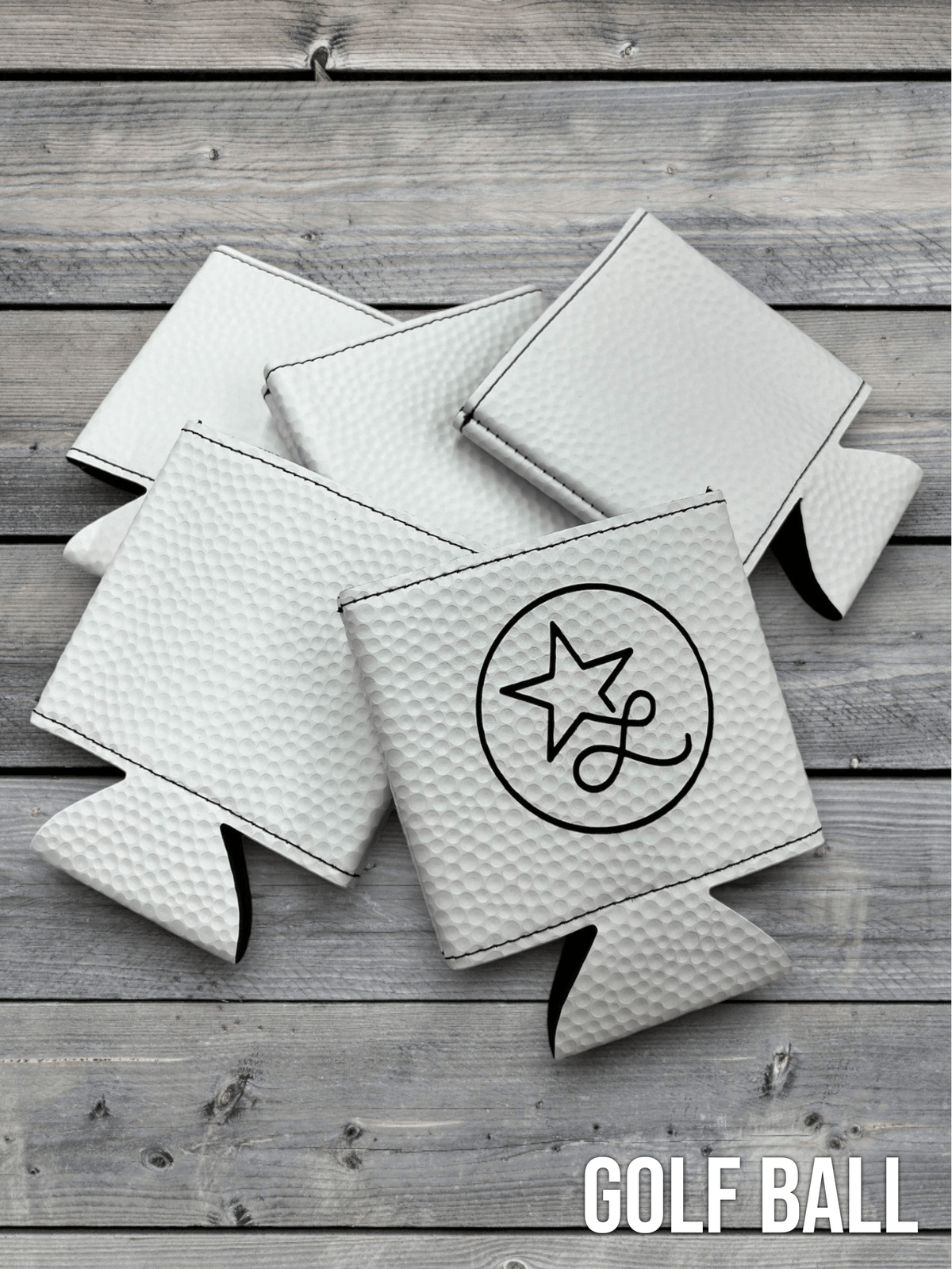 Golf Ball texture Premium Leatherette can coolers with a dimpled white surface, laid flat and collapsed.