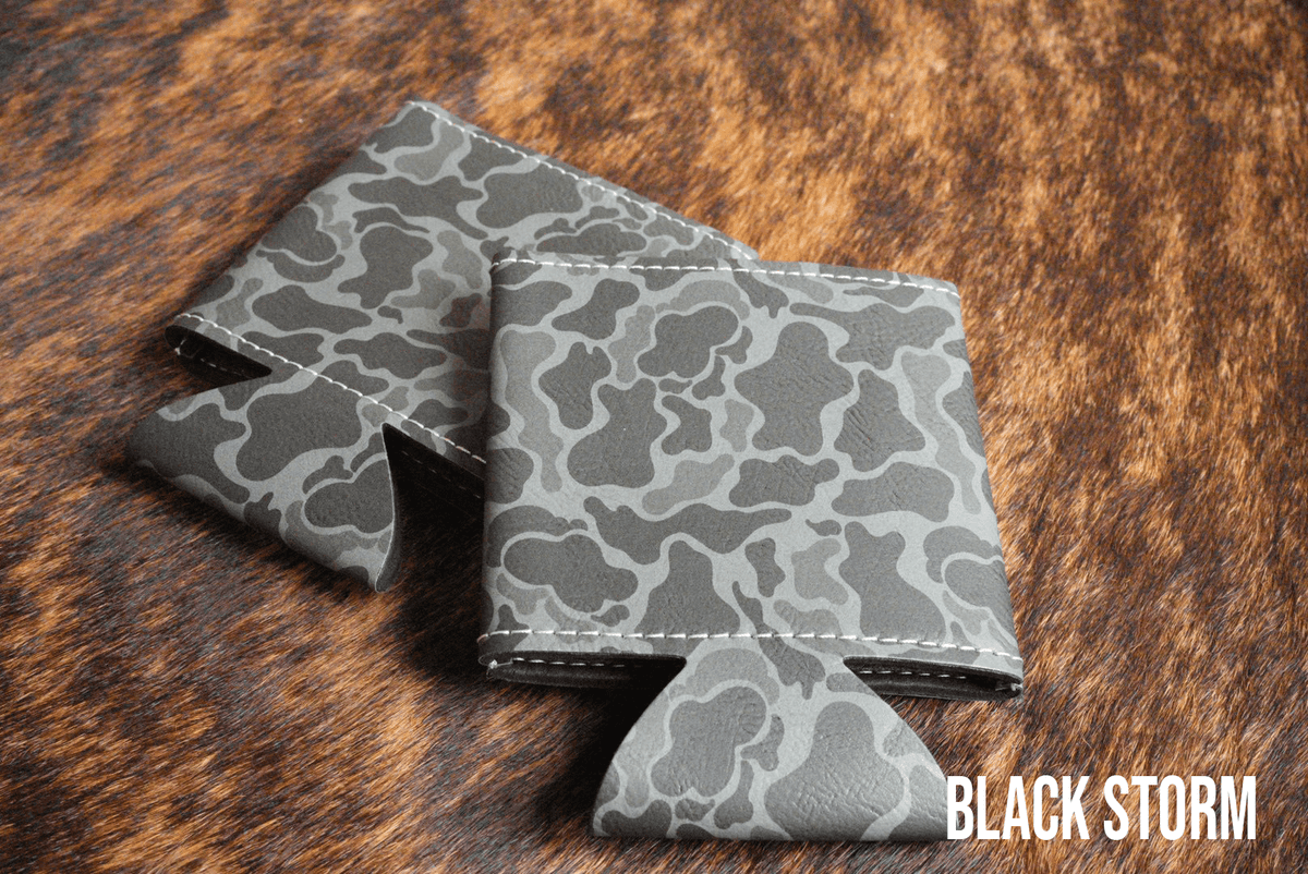 Standard can coozie in Black Storm grey camouflage leatherette, shown blank