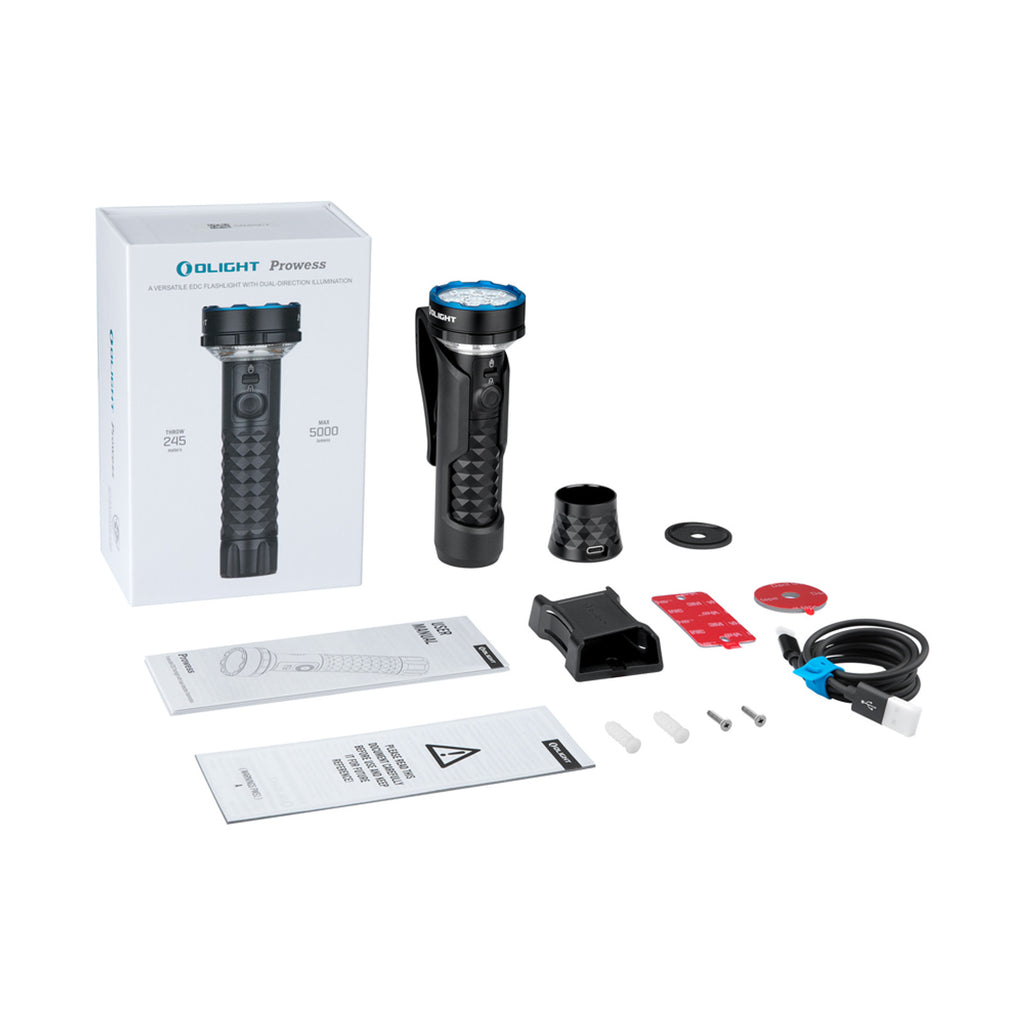 Prowess box contents: light, detachable base, holster, bracket, USB-C cable, screws and manual