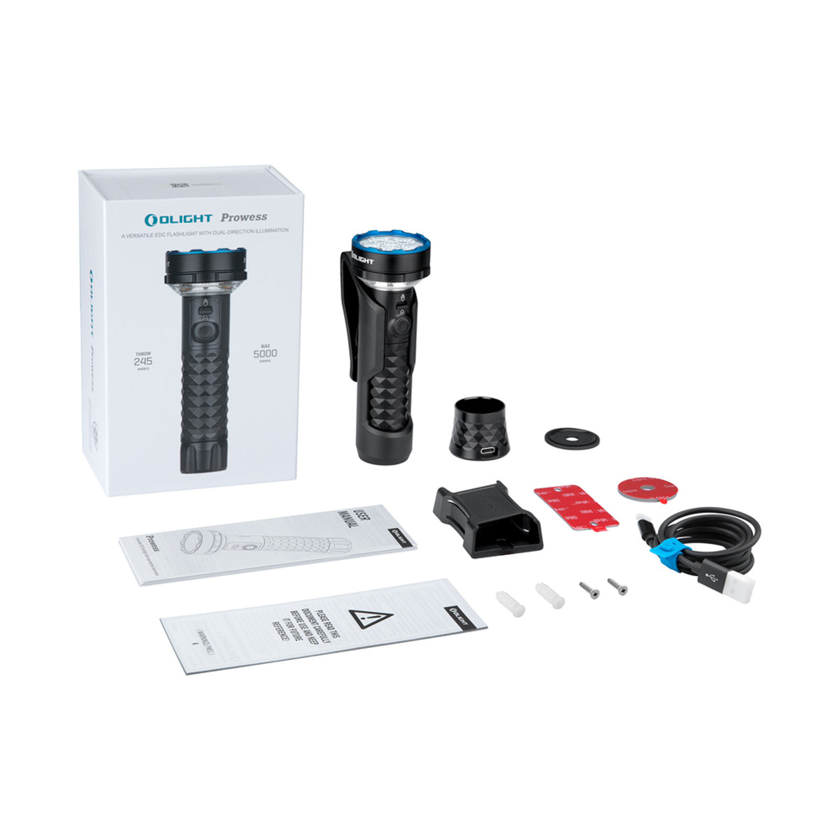 Prowess box contents: light, detachable base, holster, bracket, USB-C cable, screws and manual