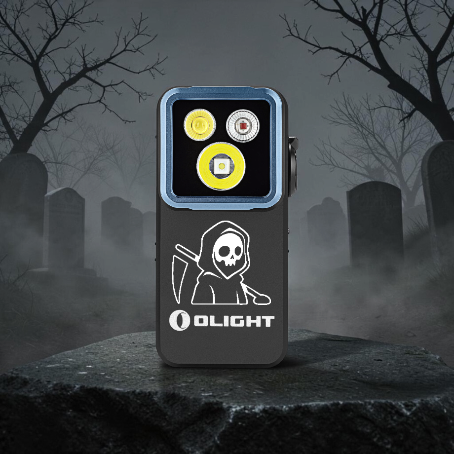 Olight Oclip 2 Pro Skull Hood with a carved hooded reaper, resting on a stone slab in a foggy graveyard
