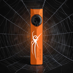 Olight ArkPro Ultra Cyclops Spider Halloween Edition in Amber Orange, caught in the middle of a giant spiderweb