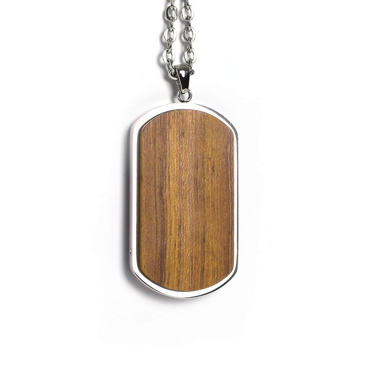 Military dog tag pendant in natural wood on a stainless steel chain