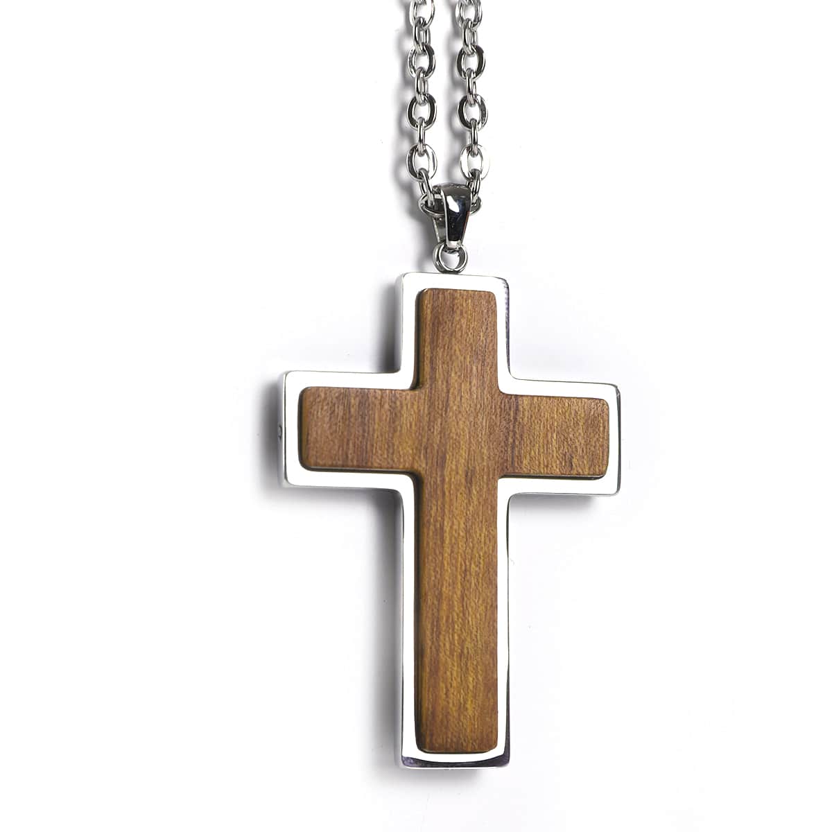 Natural wood inlay cross pendant necklace in silvertone stainless steel — custom engraved wood pendant necklace by Solano Laser Craft