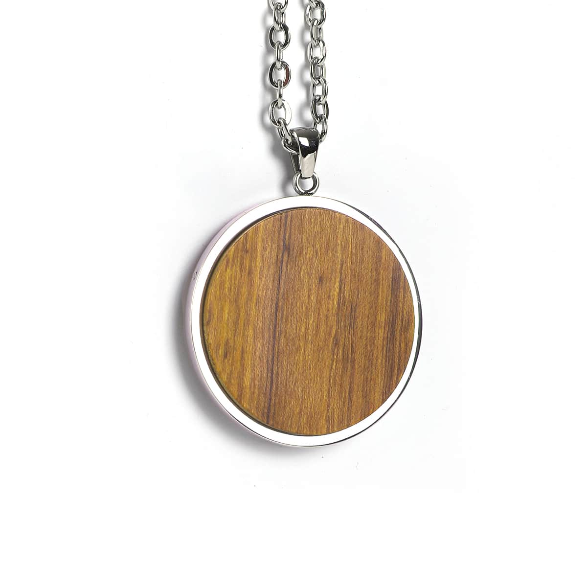 Round pendant in natural wood on a stainless steel chain
