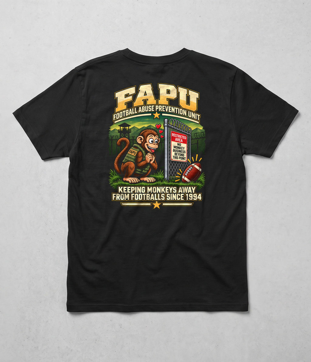 Back of the black FAPU Keeping Monkeys Away Tee: the monkey and football behind the restricted-area fence, Keeping Monkeys Away From Footballs Since 1994