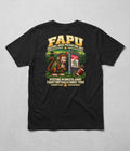 Back of the black FAPU Keeping Monkeys Away Tee: the monkey and football behind the restricted-area fence, Keeping Monkeys Away From Footballs Since 1994