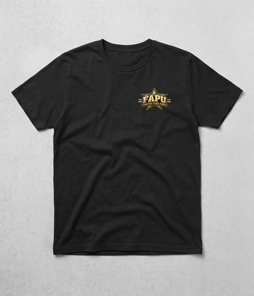 Front of the black FAPU Fugitive Task Force Tee with the gold Fugitive Task Force star badge on the left chest