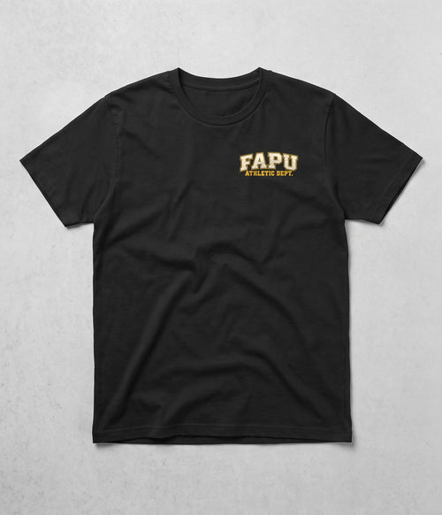 Front of the black FAPU Athletic Dept. Tee with FAPU Athletic Dept. varsity lettering on the left chest