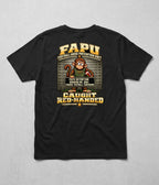 Back of the black FAPU Caught Red-Handed Tee: a monkey booking photo, FAPU Detention Booking No. 0001, Caught Red-Handed