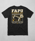 Back of the black FAPU Evidence Unit Tee: the FAPU Evidence Unit football in an evidence bag, Chain of Custody Do Not Tamper