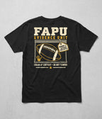 Back of the black FAPU Evidence Unit Tee: the FAPU Evidence Unit football in an evidence bag, Chain of Custody Do Not Tamper
