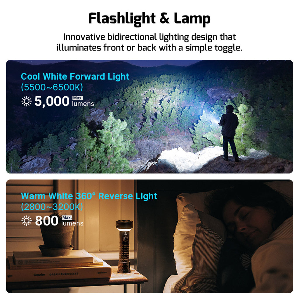 Prowess flashlight and lamp: 5,000-lumen cool white forward light and 800-lumen warm 360 degree reverse light