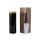 Black 20 oz. skinny tumbler with a gold plated lid, shown with its gift box