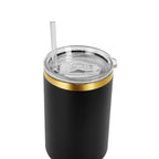 Black 40 oz. tumbler with a gold plated rim, lid and straw