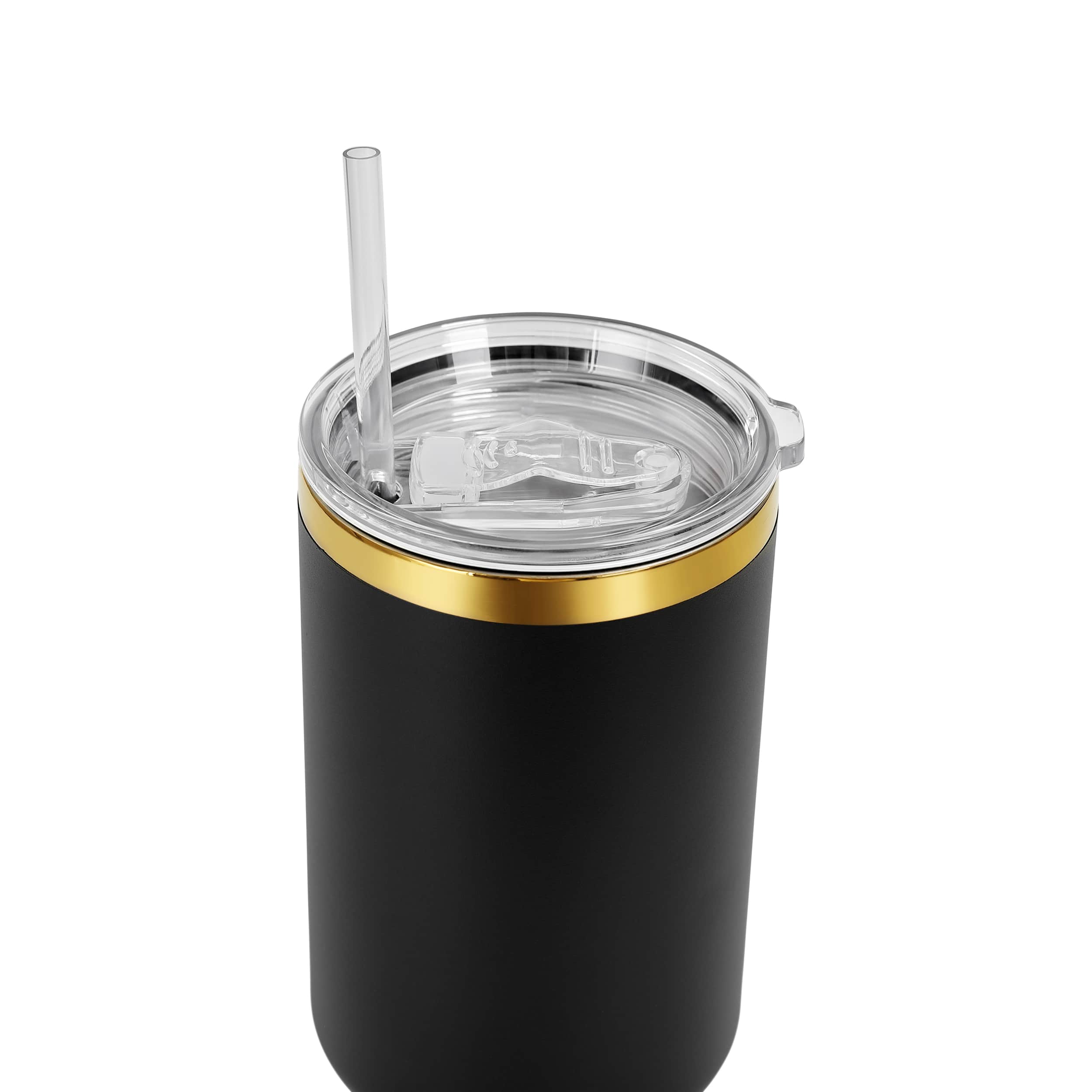 Black 40 oz. tumbler with a gold plated rim, lid and straw