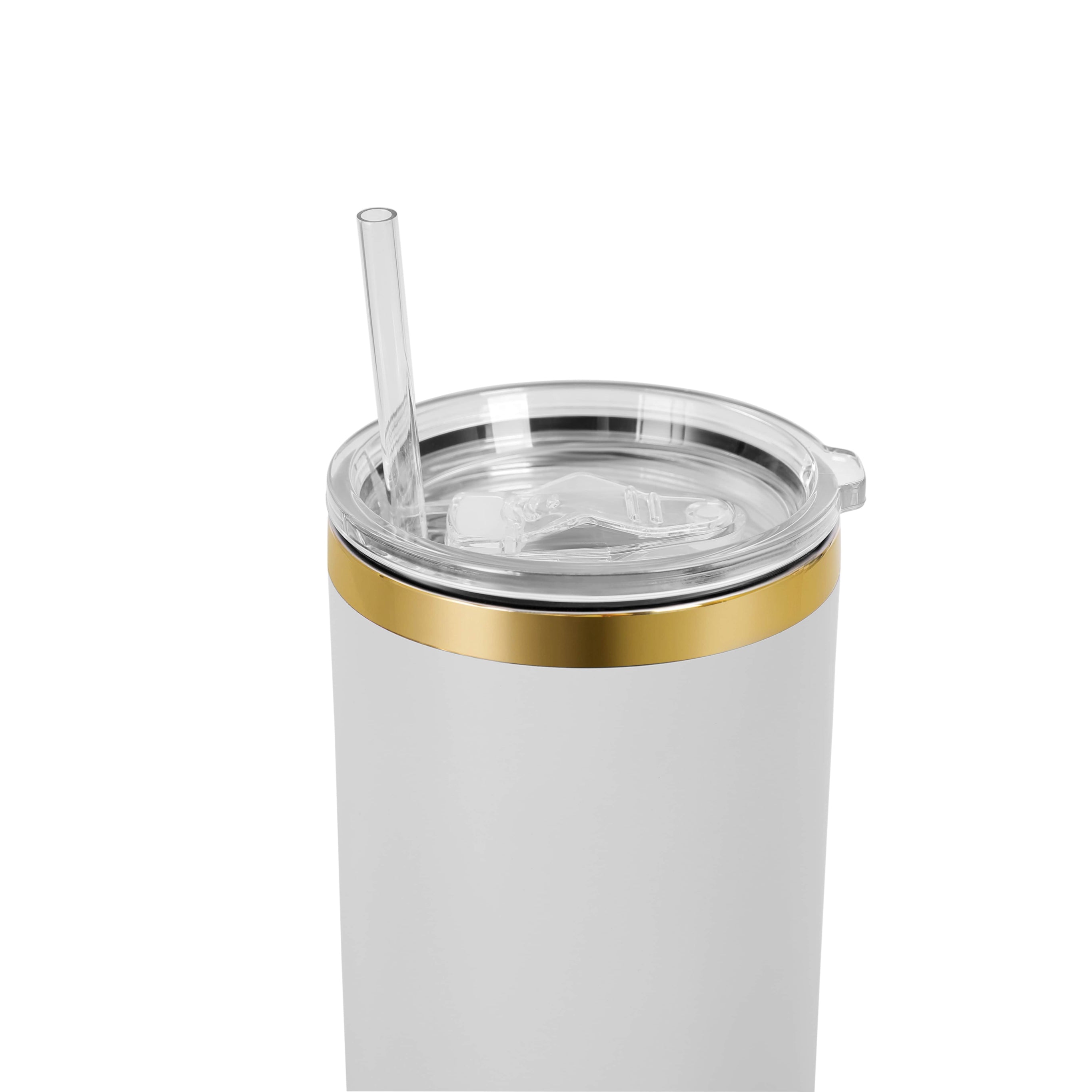 White 40 oz. tumbler with a gold plated rim, lid and straw