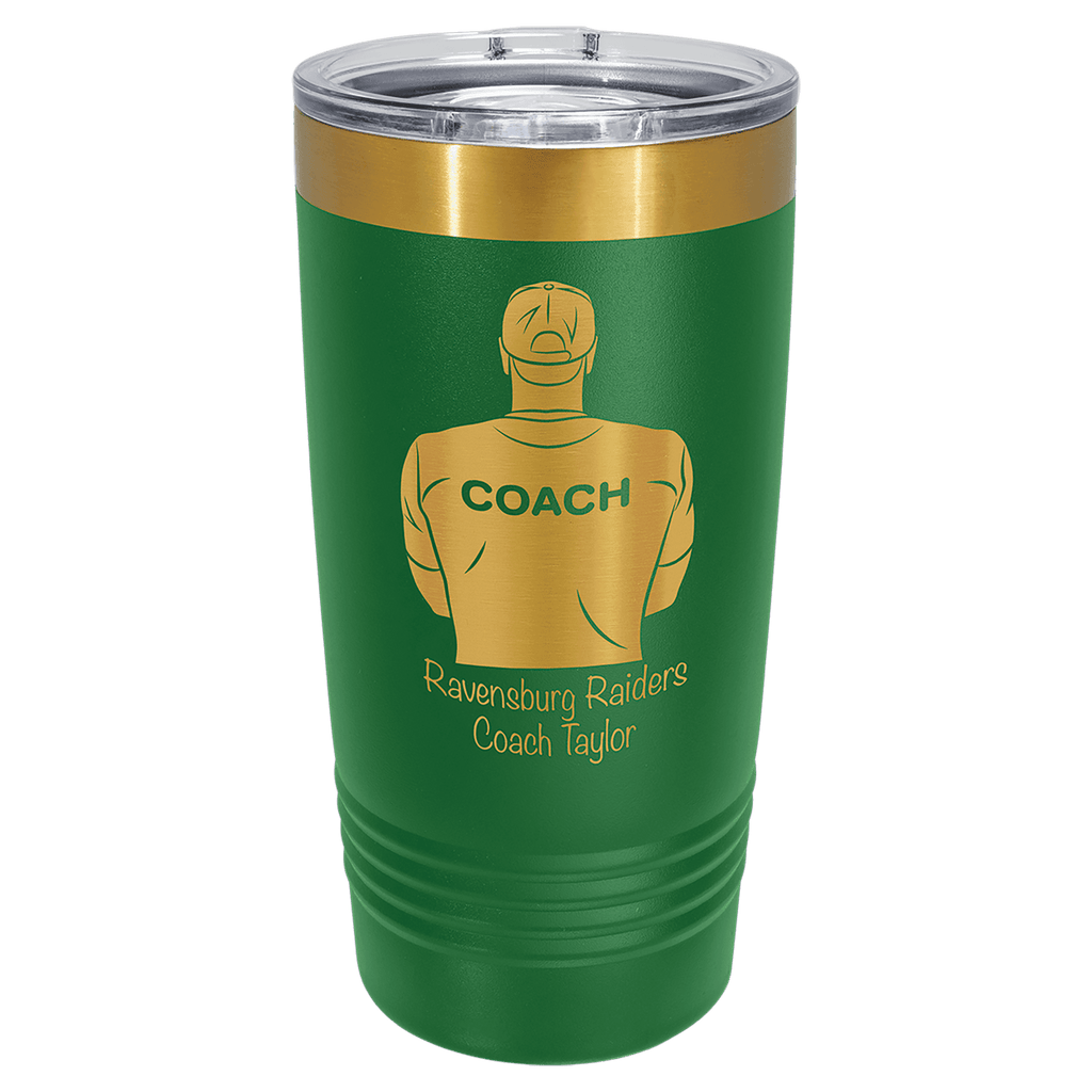 Green 20 oz. ringneck tumbler with a bright gold ion-plated base and clear slider lid
