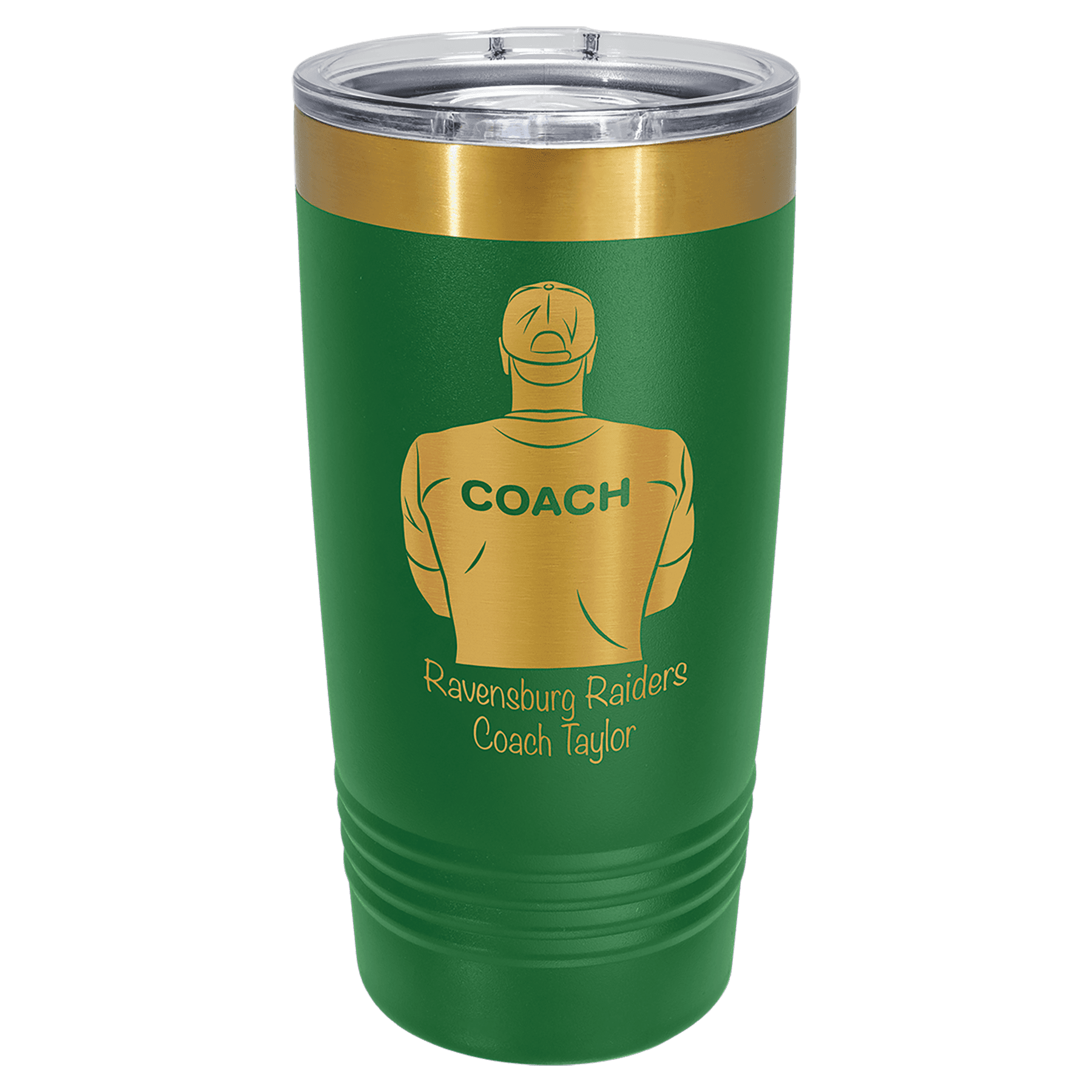 Green 20 oz. ringneck tumbler with a bright gold ion-plated base and clear slider lid