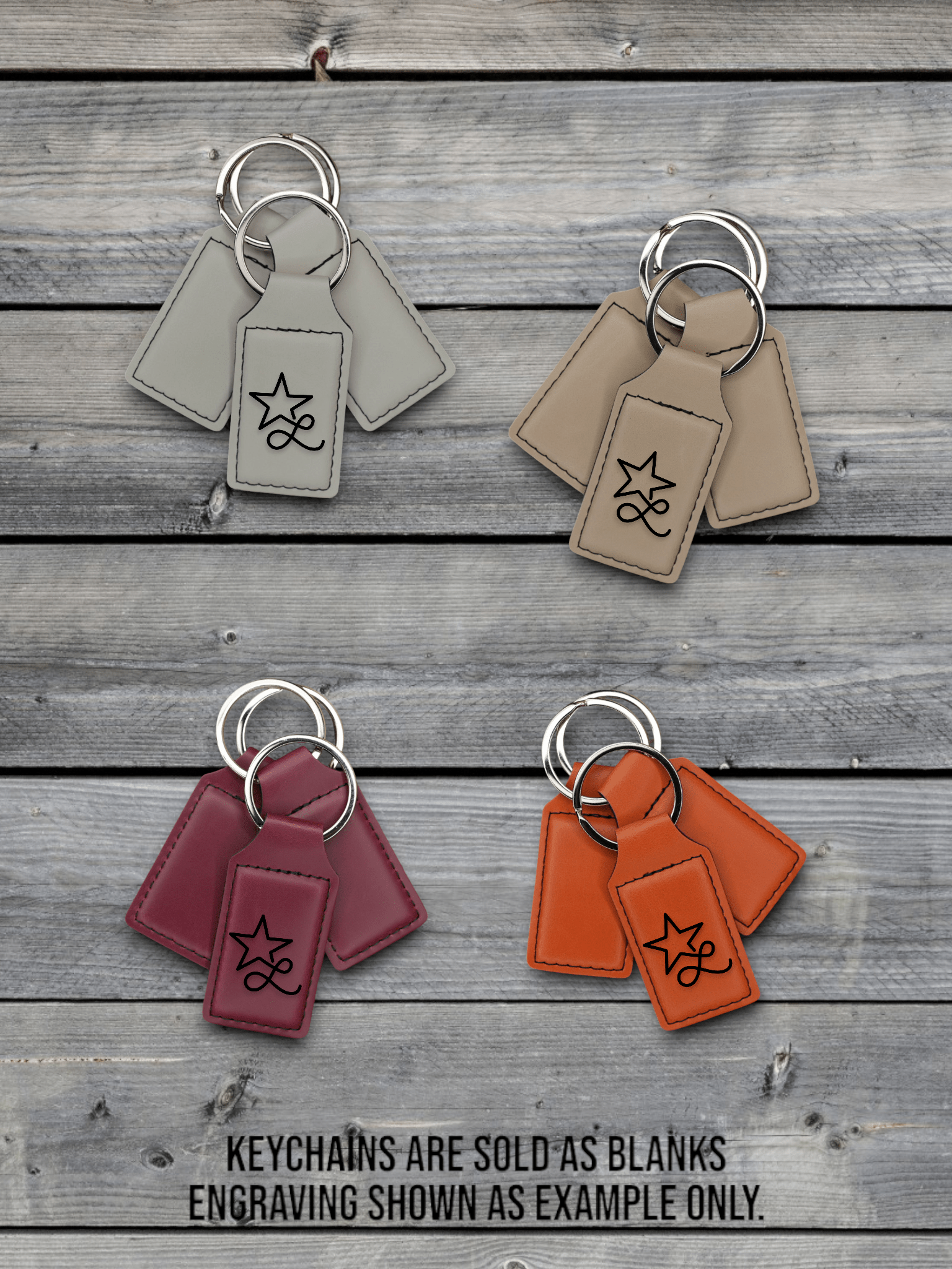 Four Premium Leatherette keychains in cream, tan, maroon and orange on weathered wood, each laser engraved with a sample design.