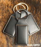 Three black Premium Leatherette keychains that engrave to copper, fanned out on a split ring.