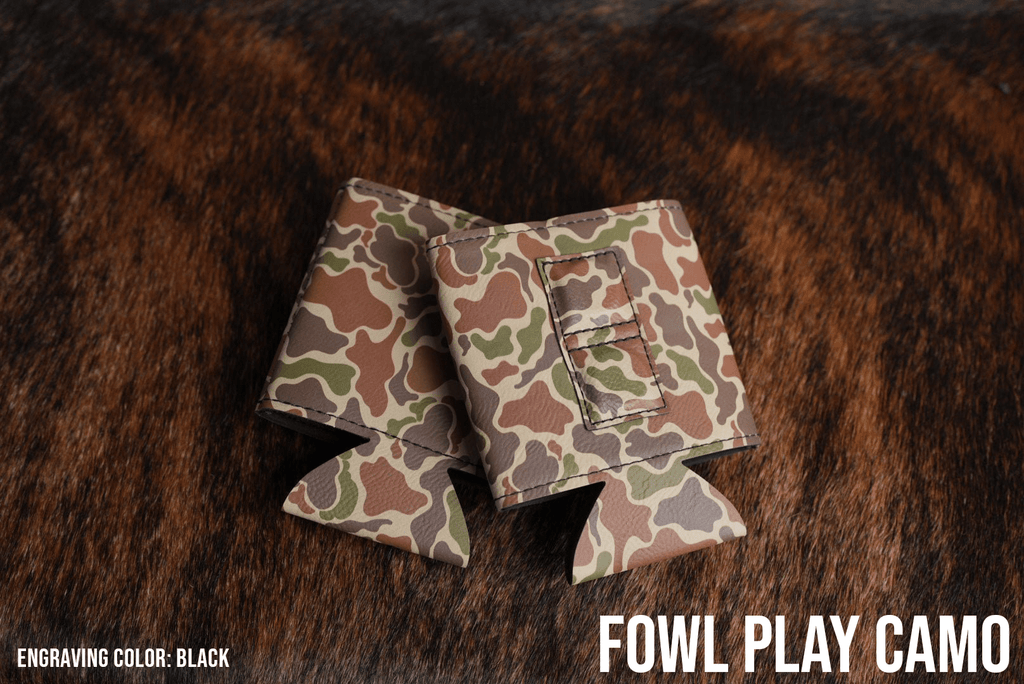 Fowl Play Camo Premium Leatherette magnetic can coozie, standard 12 oz. size, shown folded to reveal the built-in magnets
