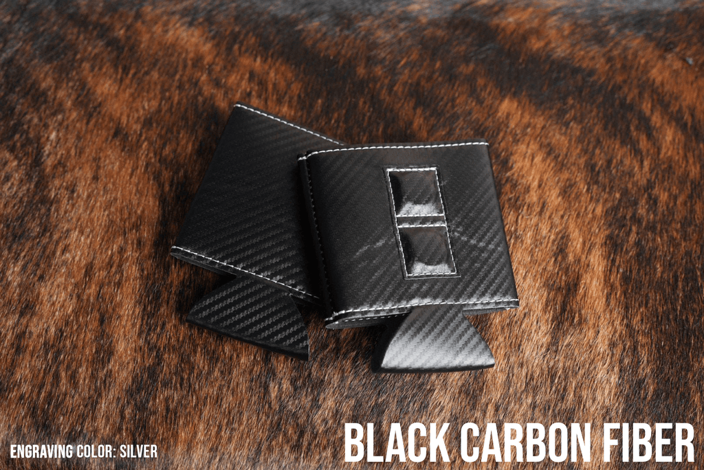 Black carbon fiber Premium Leatherette magnetic can coozie, standard 12 oz. size, shown folded to reveal the built-in magnets