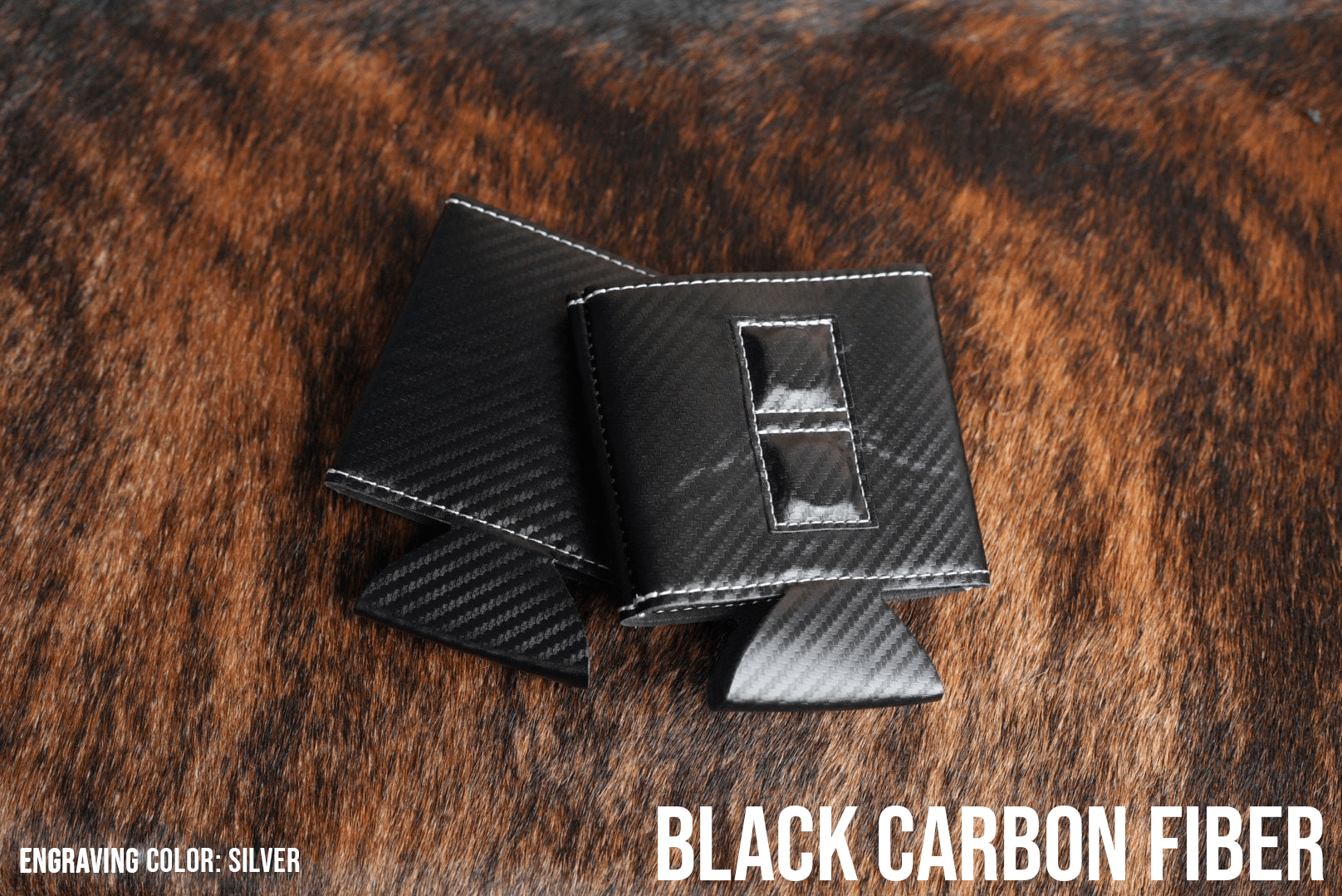 Black carbon fiber Premium Leatherette magnetic can coozie, standard 12 oz. size, shown folded to reveal the built-in magnets